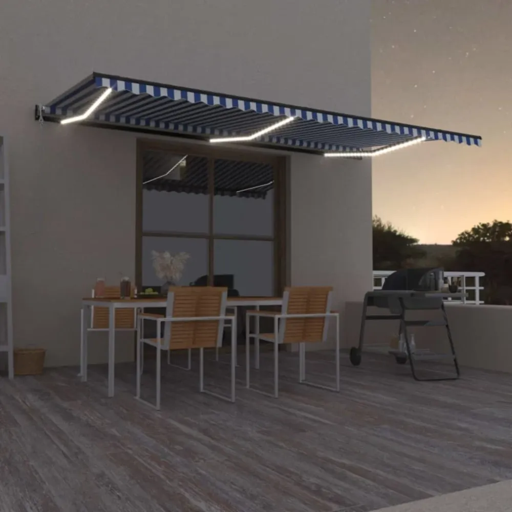 Copertină automată cu senzor vânt&LED, albastru/alb, 600x300 cm