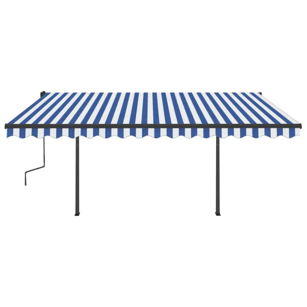 Copertină retractabilă automat, stâlpi, albastru/alb, 4,5x3,5 m