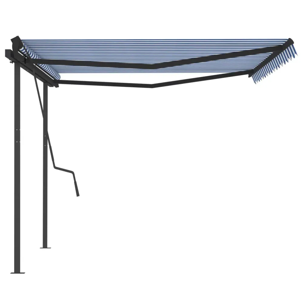 Copertină retractabilă automat, stâlpi, albastru/alb, 4,5x3,5 m