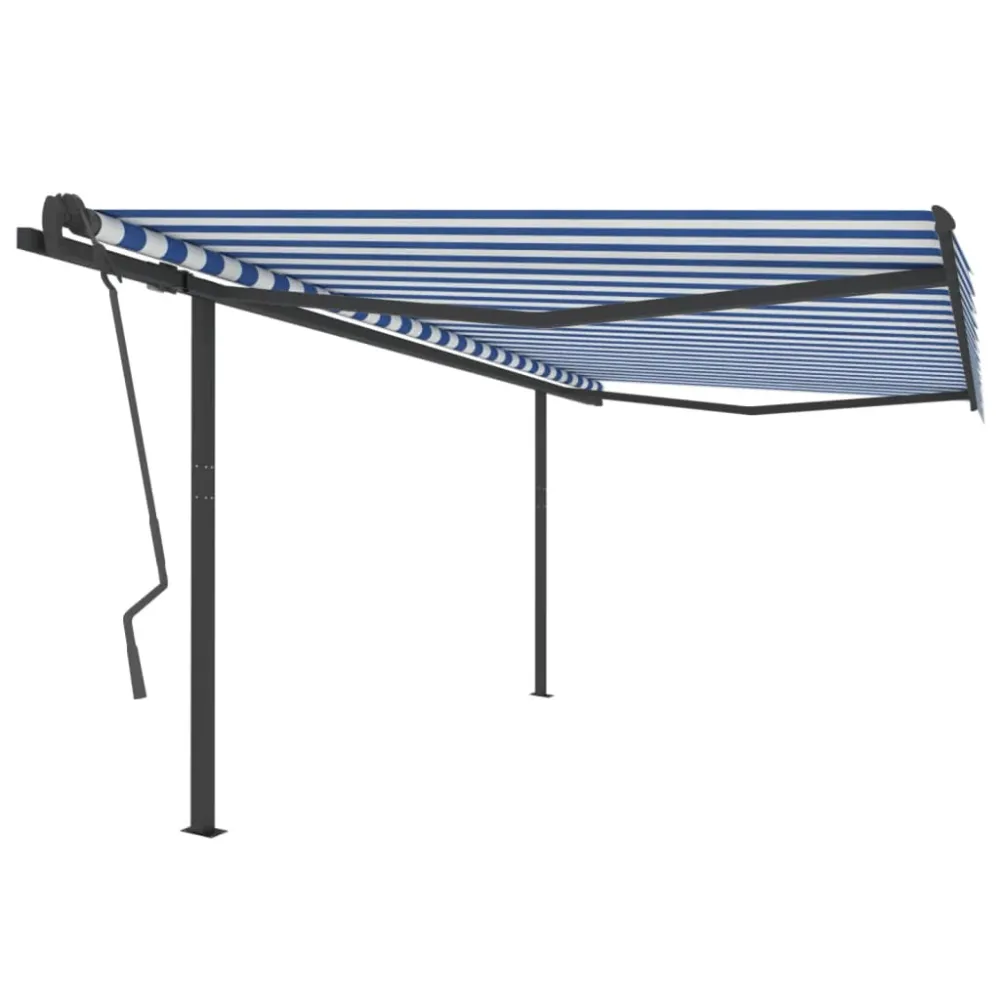 Copertină retractabilă automat cu stâlpi, albastru/alb, 4x3,5 m