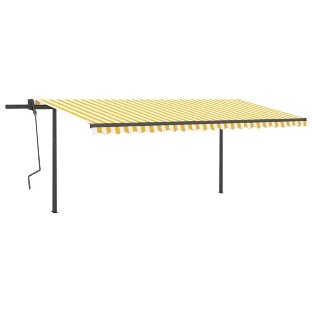 Copertină retractabilă automat, cu stâlpi, galben & alb, 5x3 m