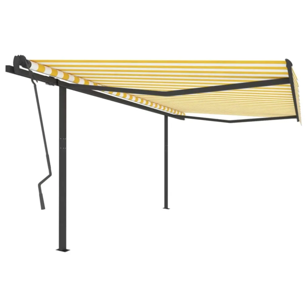 Copertină retractabilă automat, cu stâlpi, galben&alb, 4x3,5 m