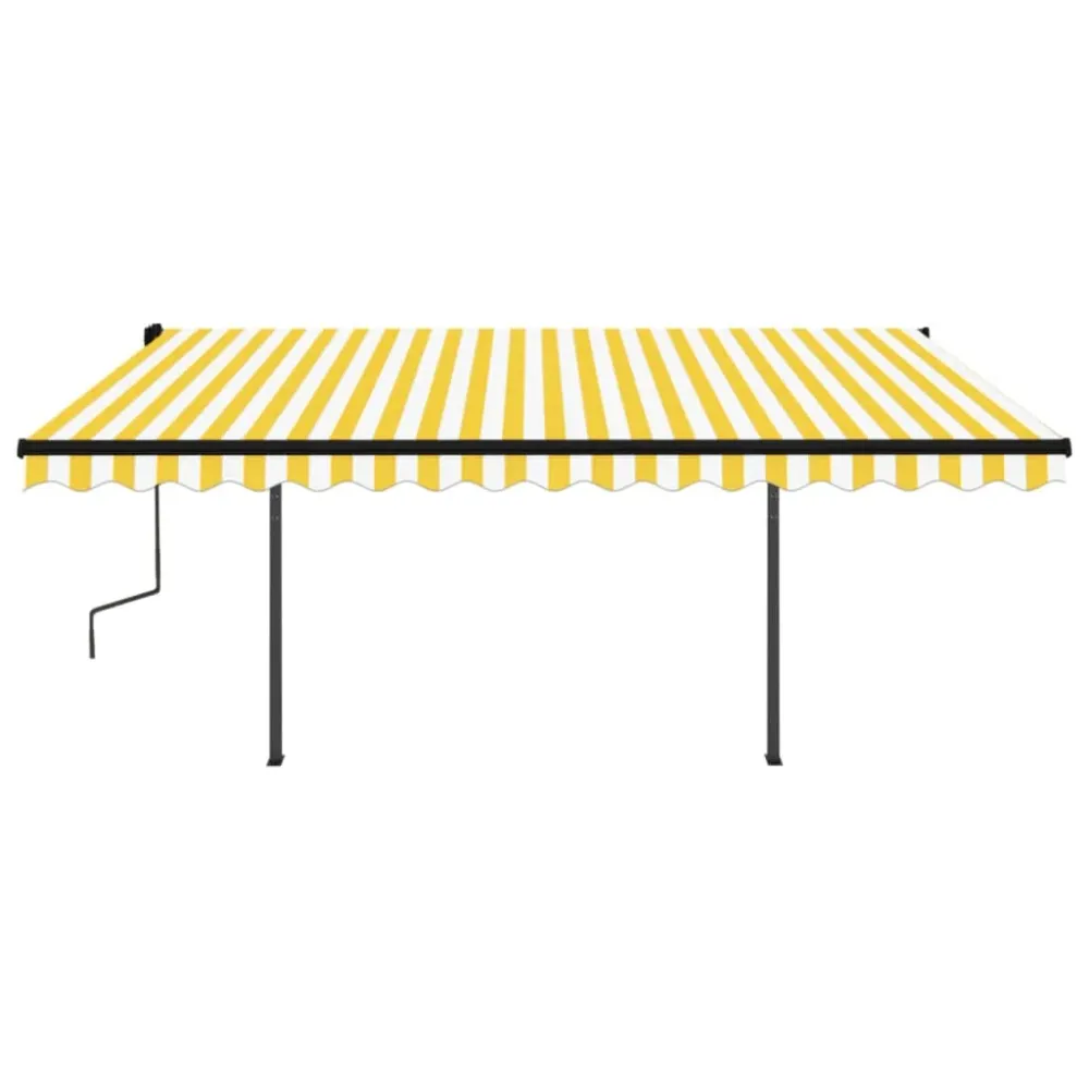Copertină retractabilă automat, cu stâlpi, galben&alb, 4x3,5 m