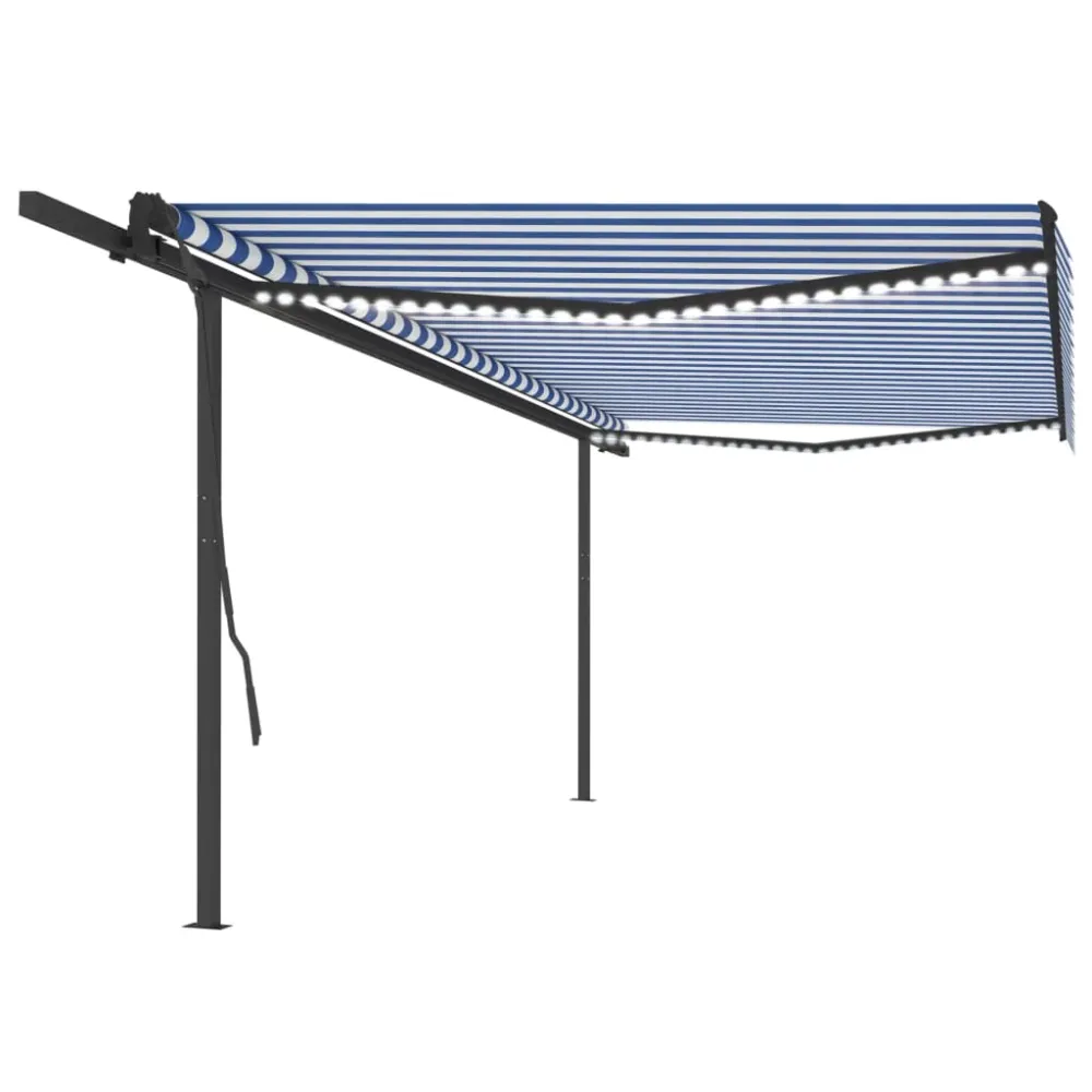 Copertină retractabilă manual cu LED, albastru și alb, 5x3,5 m
