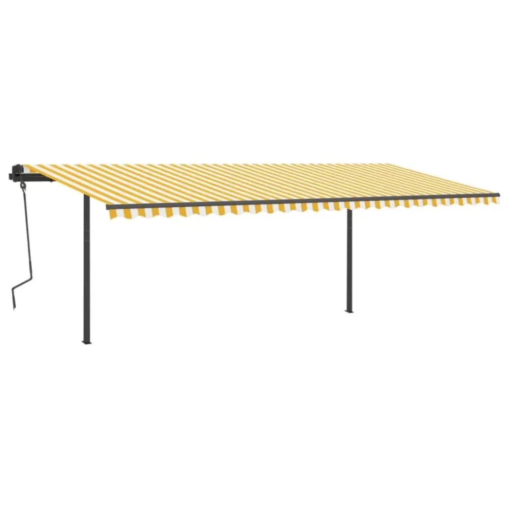 Copertină retractabilă manual cu stâlpi, galben & alb, 6x3,5 m