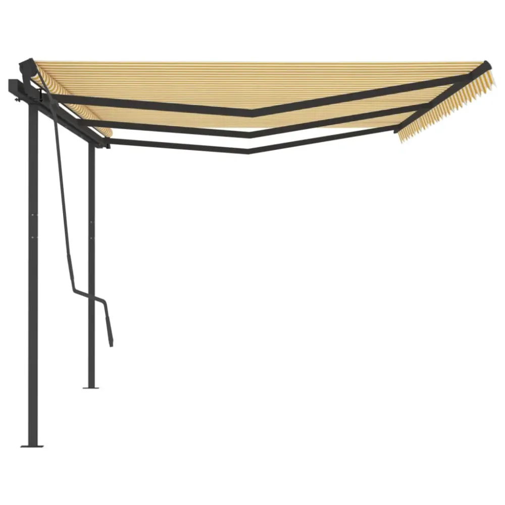 Copertină retractabilă manual cu stâlpi, galben & alb, 6x3,5 m