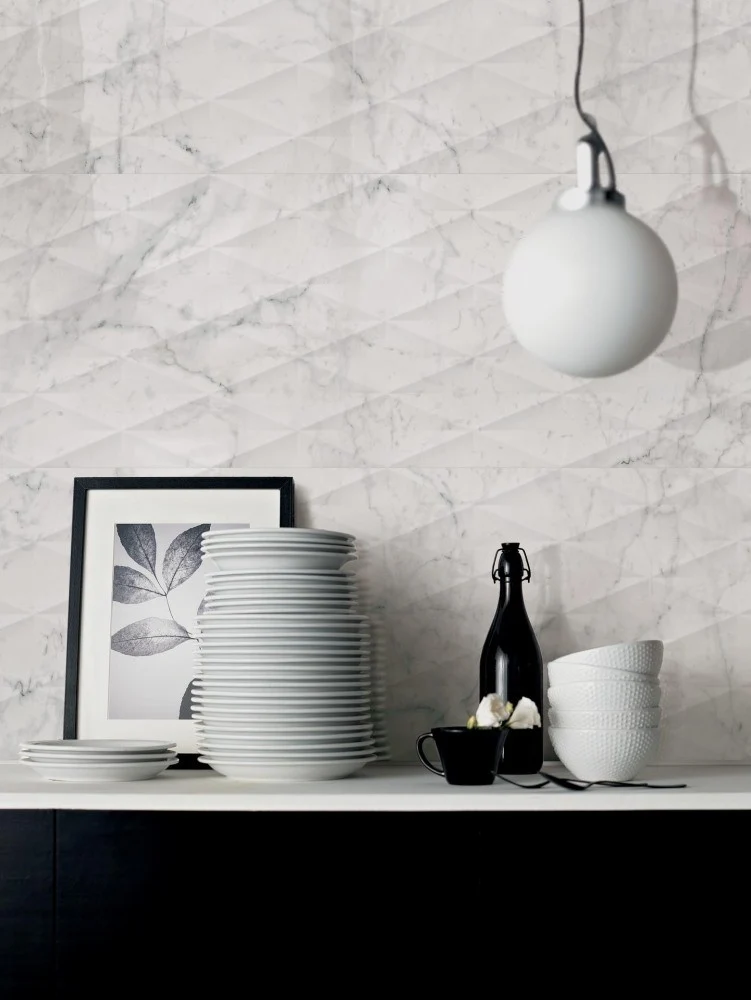 Faianta baie / bucatarie rectificata alba 40x120 cm, Marazzi Allmarble Wall Statuario Lux Struttura Pave 3D