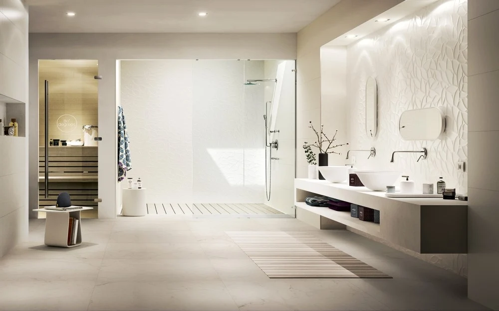 Faianta baie / bucatarie rectificata alba 40x120 cm, Marazzi Essenziale Struttura Flora 3D Satinato