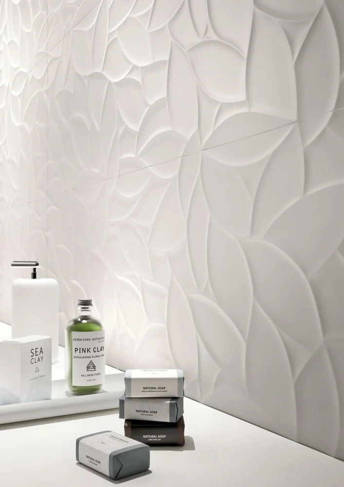 Faianta baie / bucatarie rectificata alba 40x120 cm, Marazzi Essenziale Struttura Flora 3D Satinato