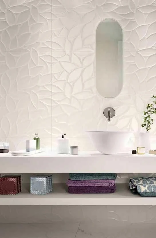 Faianta baie / bucatarie rectificata alba 40x120 cm, Marazzi Essenziale Struttura Flora 3D Satinato