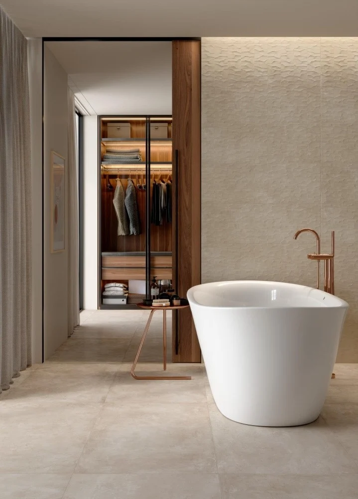 Faianta baie / bucatarie rectificata bej 30x90 cm, Marazzi Puro Plaza Wall Beige Struttura Range 3D