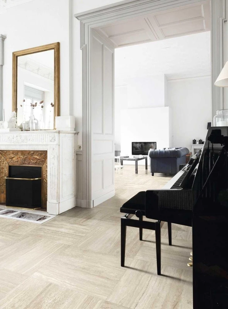 Gresie exterior / interior portelanata rectificata crem 58x116 cm, Marazzi Marbleplay Travertino Lux