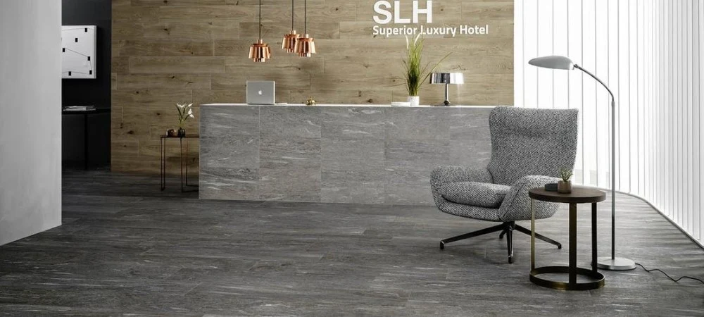 Gresie exterior / interior portelanata rectificata gri 30x120 cm, Marazzi Pietra di Vals Greige
