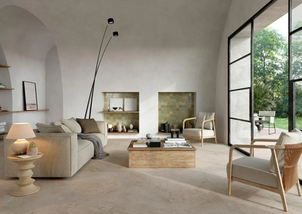 Gresie exterior portelanata rectificata bej 60x120 cm, Marazzi Puro Alba Arena Strutturato
