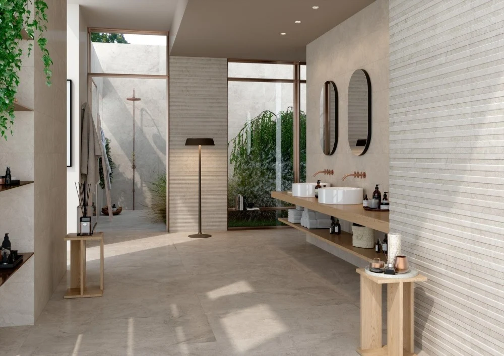 Gresie exterior portelanata rectificata gri 60x120 cm, Marazzi Puro Alba Greige Strutturato