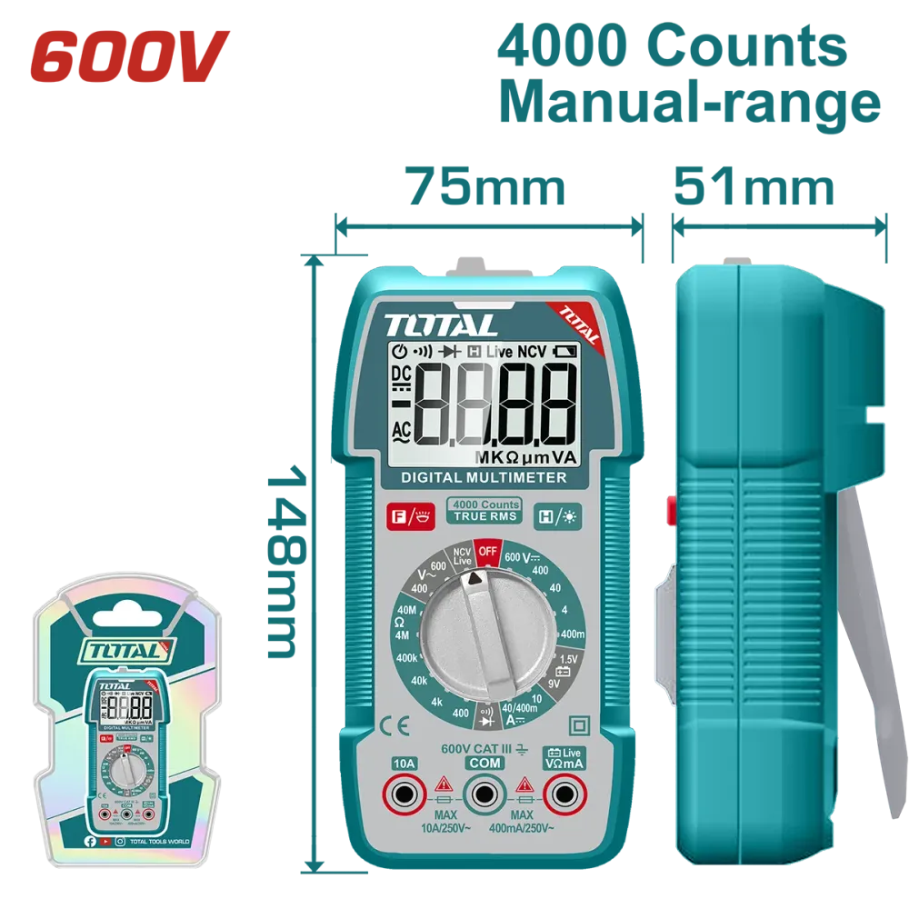 Multimetru digital TOTAL – True RMS 4000 count, NCV, test baterie, lanterna integrata