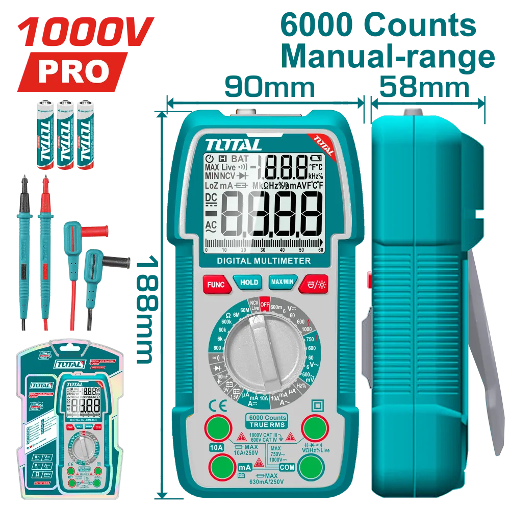 Multimetru digital TOTAL True RMS 6000 counts, tensiune 1000V, curent 10A, NCV, capacitate si frecventa