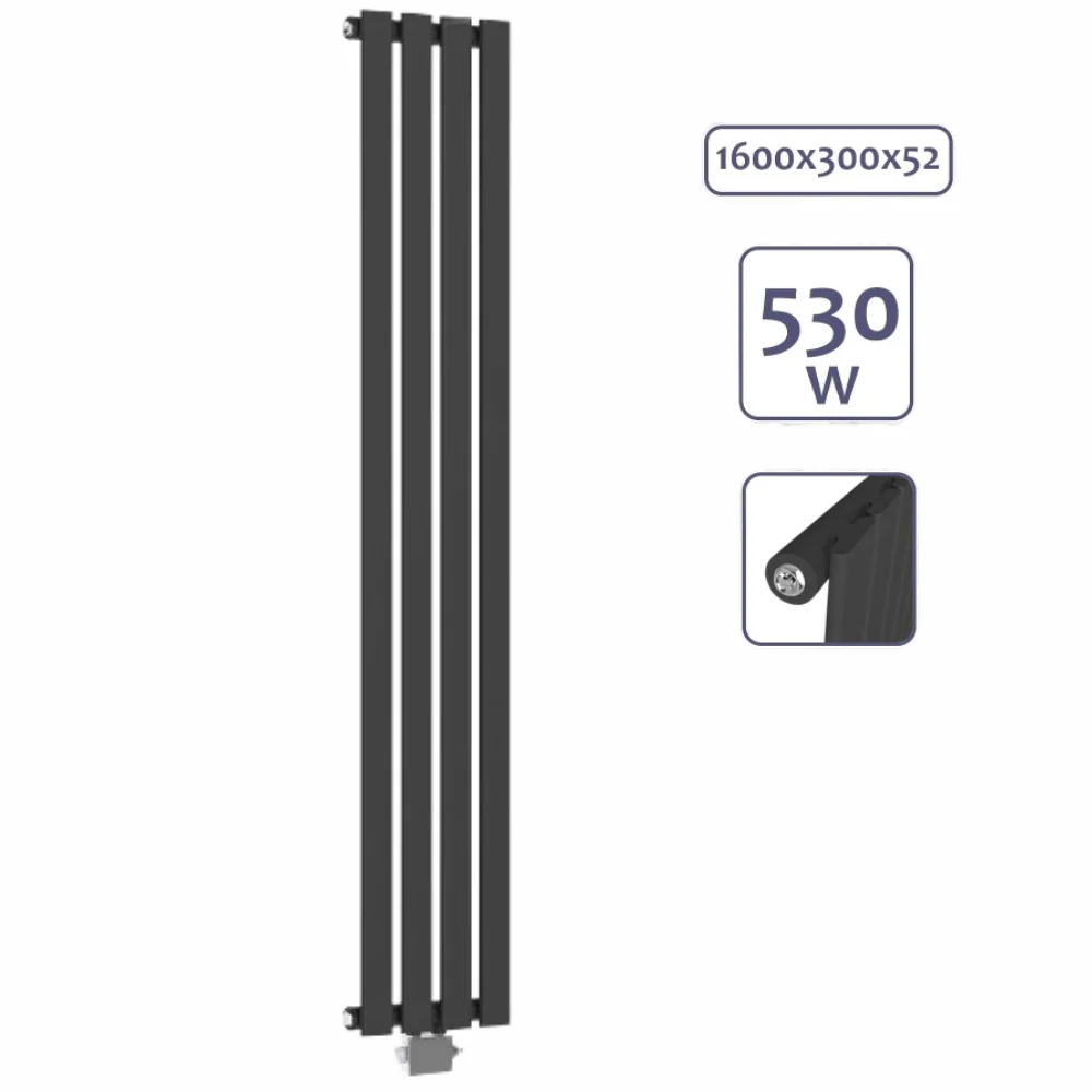 Calorifer de design vertical plat cu multiblock, racord central de 1/2 toli, un singur strat, 1600 x 300 mm, 530 W, antracit