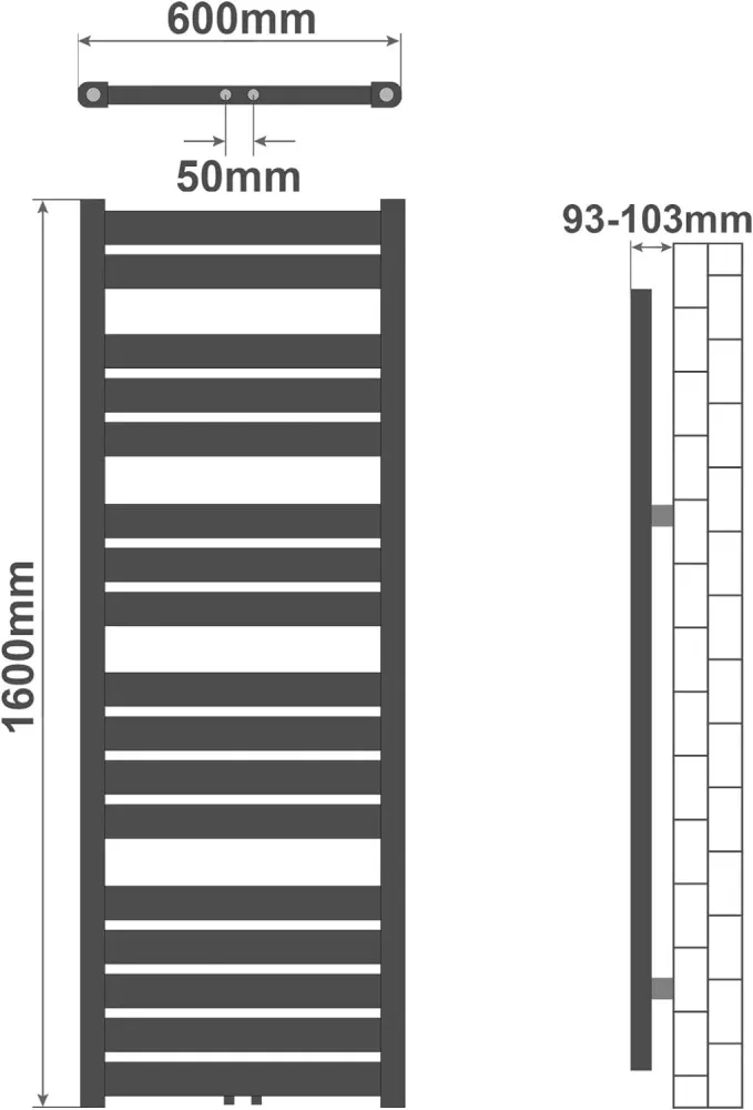 Radiator baie portprosop, 1600 mm x 600 mm, drept, antracit