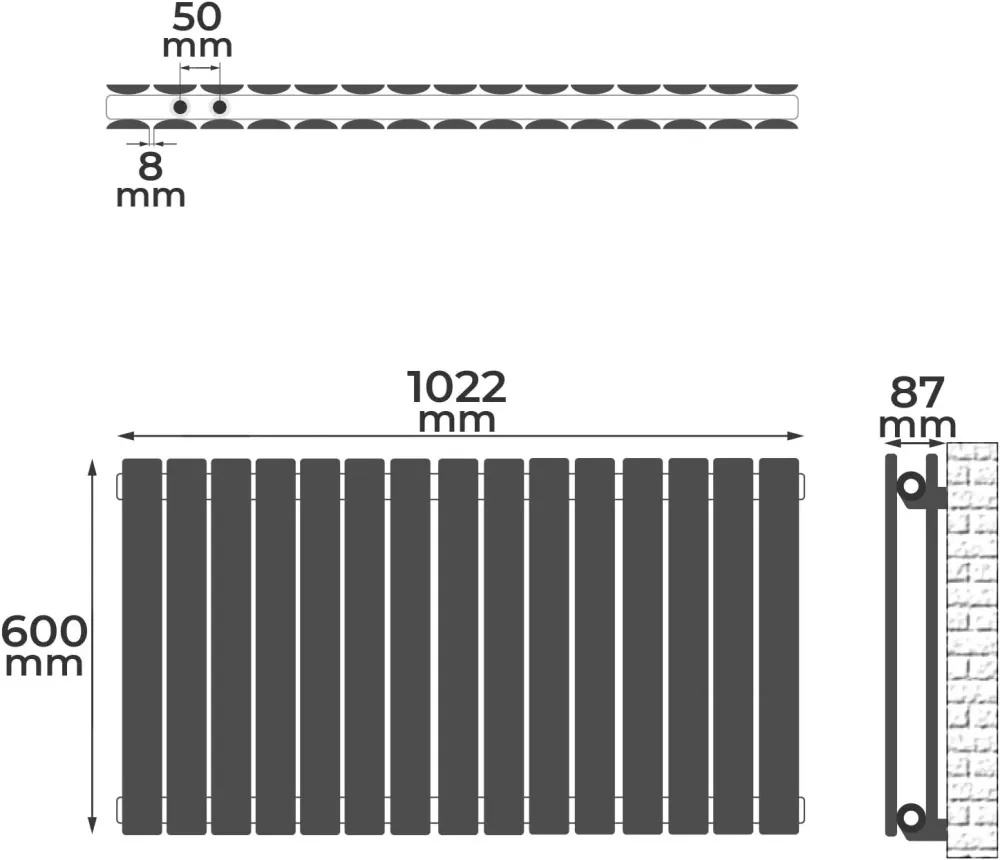 Radiator de design din otel orizontal plat, dublu strat, 600 x 1022 mm, 1365 W, racord central de 1/2 toli, pentru sufrage...