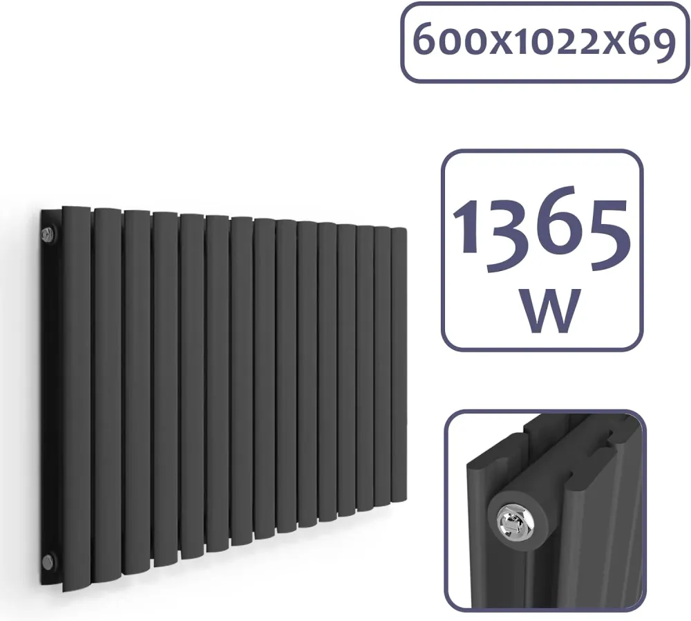 Radiator de design din otel orizontal plat, dublu strat, 600 x 1022 mm, 1365 W, racord central de 1/2 toli, pentru sufrage...