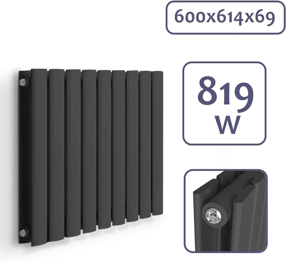 Radiator de design din otel, orizontal, plat, dublu strat, 600 x 614 mm, 819 W, racord central, pentru sufragerie/baie, an...