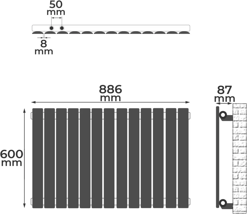 Radiator de design din otel orizontal, plat, cu un singur strat, 600 x 886 mm, 646 W, racord central de 1/2 toli, pentru s...
