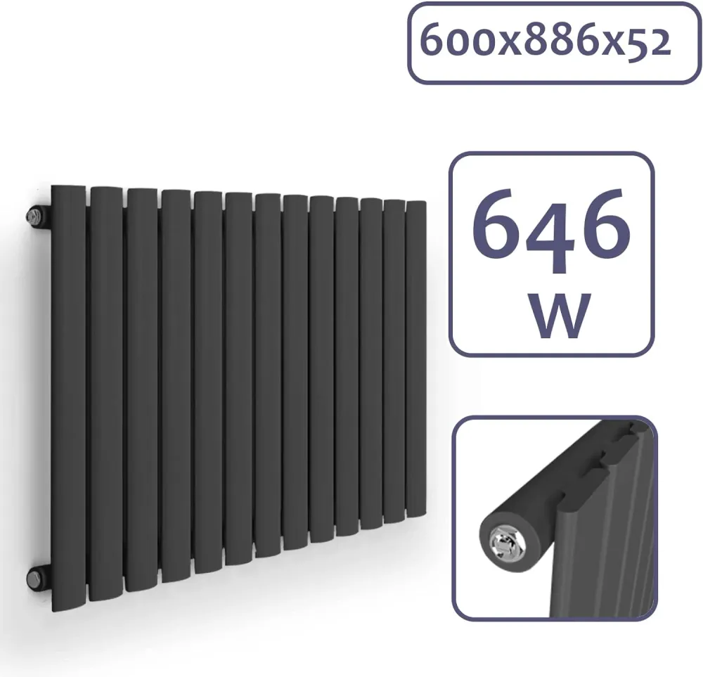 Radiator de design din otel orizontal, plat, cu un singur strat, 600 x 886 mm, 646 W, racord central de 1/2 toli, pentru s...
