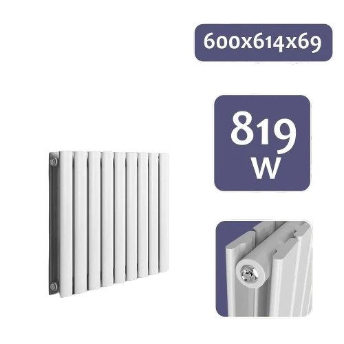 Radiator de design orizontal, dublu strat, 600 x 614 x 69 mm, racord central, alb, de tip panou