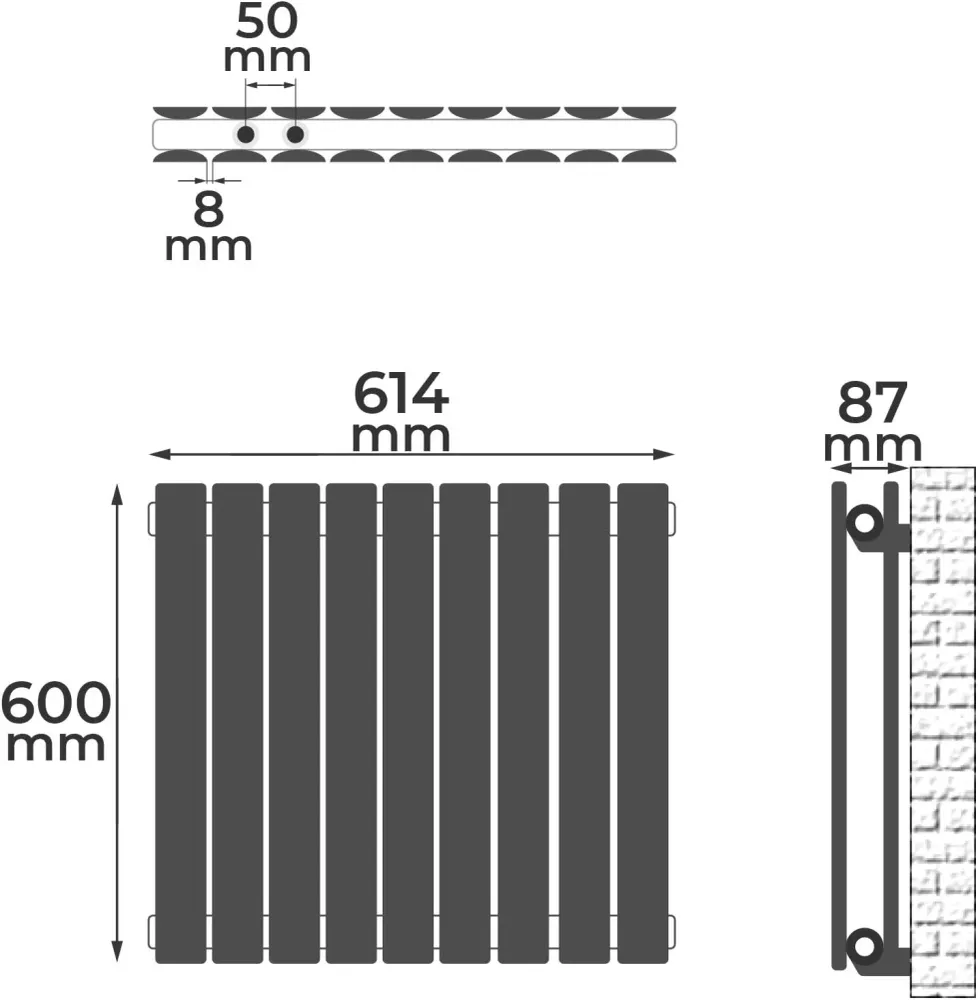 Radiator de design orizontal, dublu strat, 600 x 614 x 69 mm, racord central, alb, de tip panou