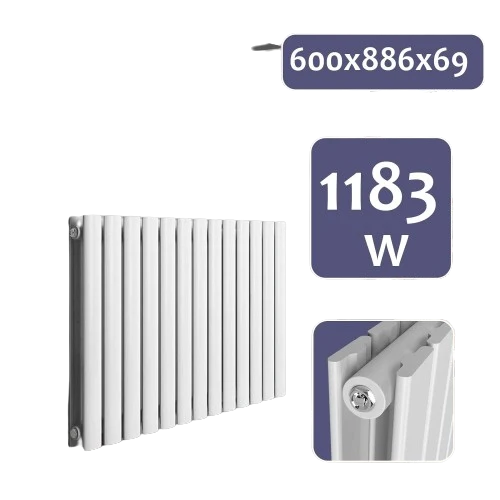 Radiator de design de otel, orizontal, dublu strat, 600 x 886 x 69 mm, racord central de 1/2 toli, alb