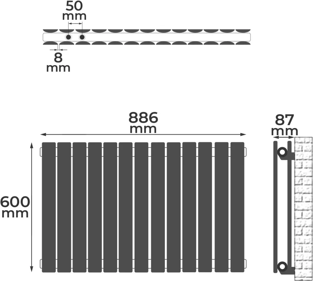 Radiator de design de otel, orizontal, dublu strat, 600 x 886 x 69 mm, racord central de 1/2 toli, alb