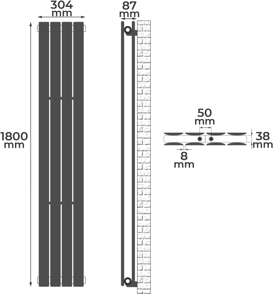 Radiator de design vertical, plat, dublu strat, 1800 x 304 mm, 1148 W, racord central, din otel, pentru living/baie, antracit