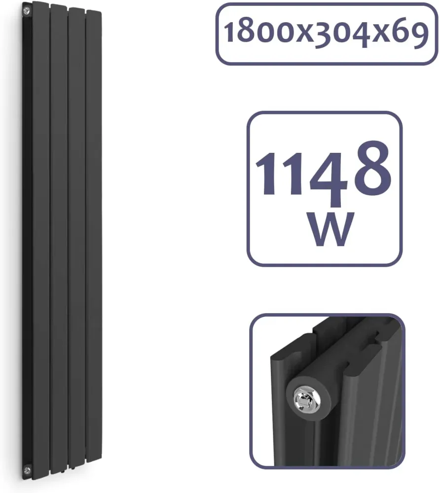 Radiator de design vertical, plat, dublu strat, 1800 x 304 mm, 1148 W, racord central, din otel, pentru living/baie, antracit