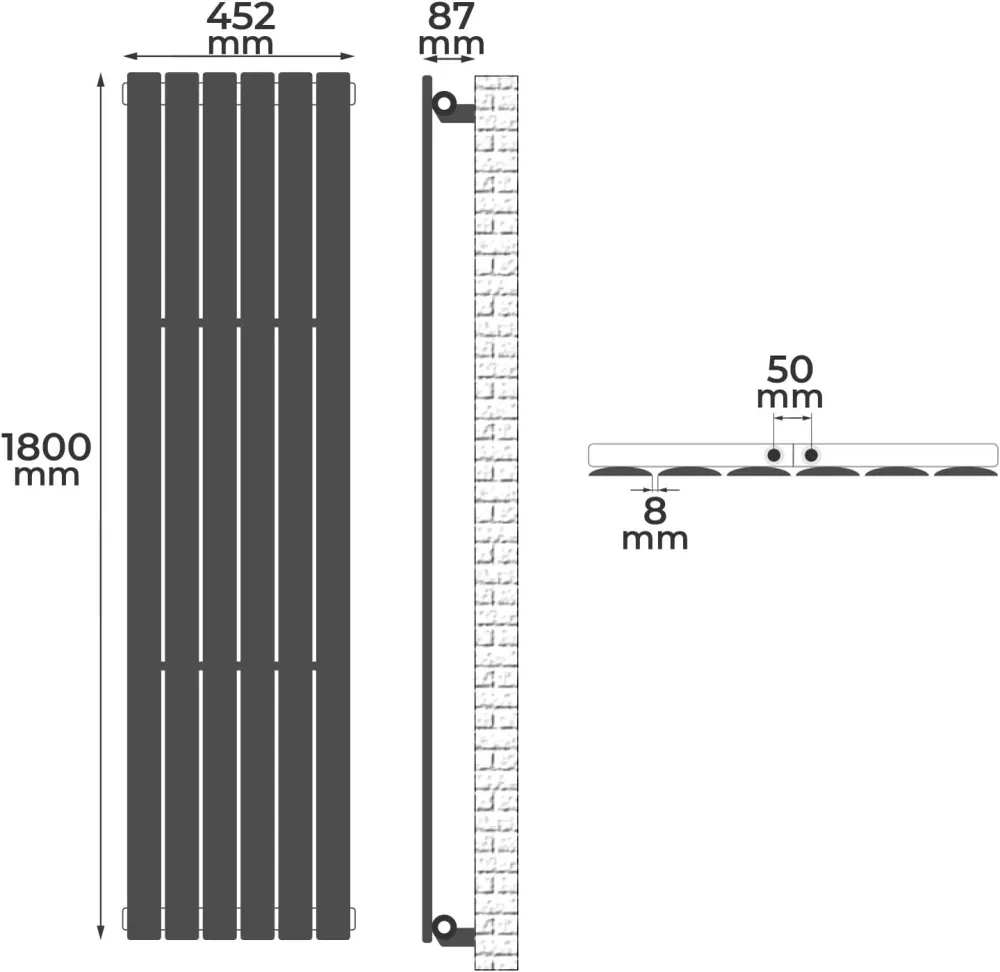 Radiator de design vertical, cu un singur strat, 1800 x 452 x 52 mm, racord central, alb