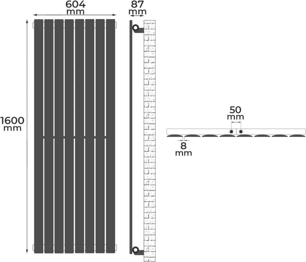 Radiator de design - Vertical, un singur strat, 8 segmente, 1600x604x52 mm, incalzire centrala, alb - Radiator panou