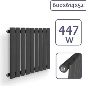 Radiator orizontal cu racord central din otel, plat, cu un singur strat, 600 x 614 mm, 447 W, antracit