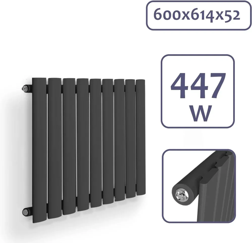 Radiator orizontal cu racord central din otel, plat, cu un singur strat, 600 x 614 mm, 447 W, antracit