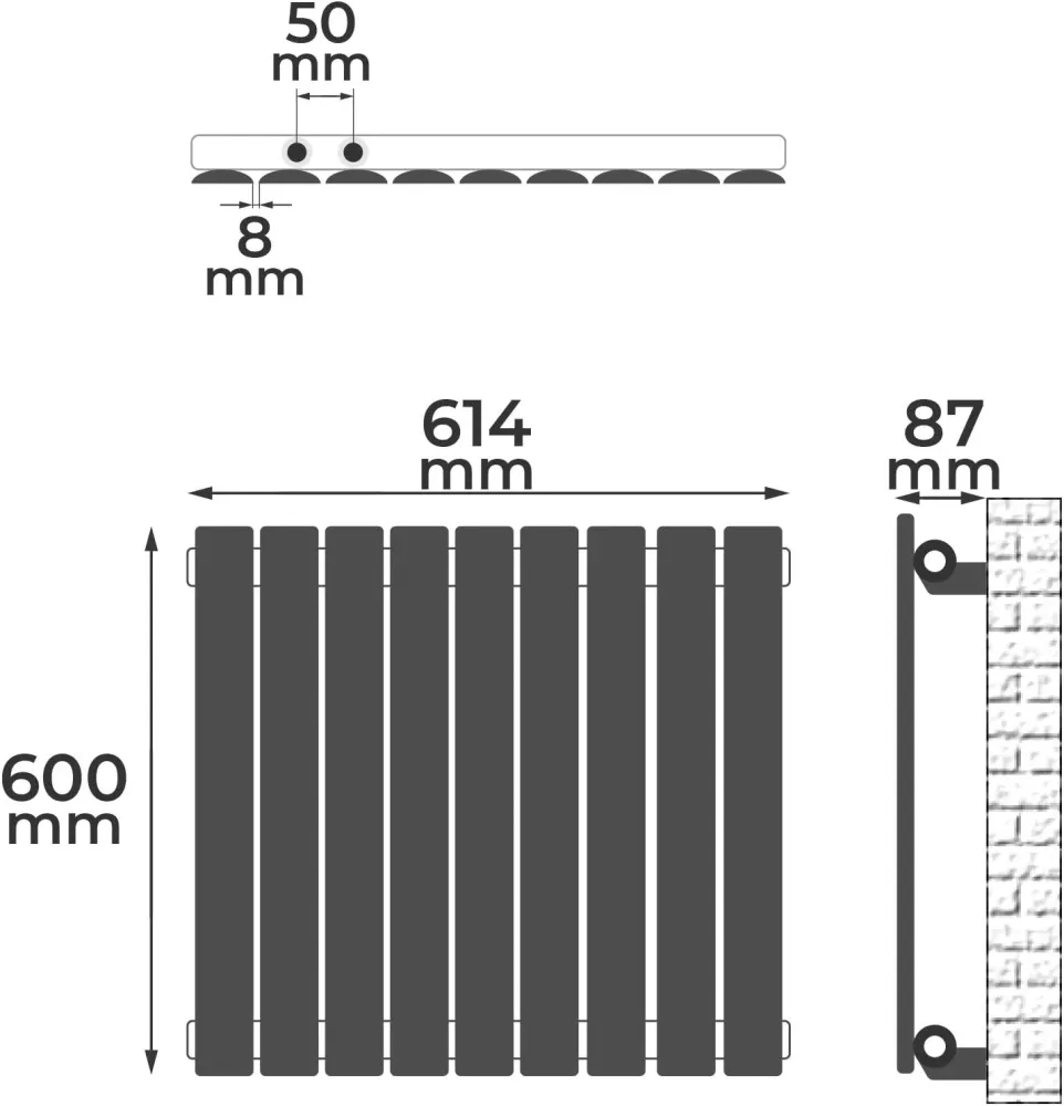 Radiator orizontal, racord central, un singur strat, 600 x 614 x 52 mm, alb