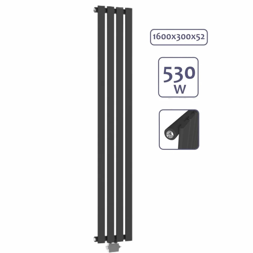 Radiator/calorifer de design vertical plat cu multiblock, racord 1/2 toli, un singur strat, 1600 x 300 mm, 530 W, racord c...