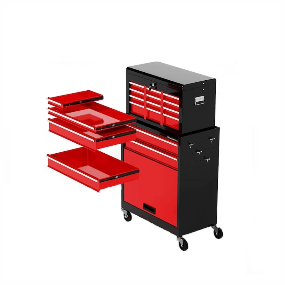 Dulap modular pe roti pentru scule, 9 sertare, blocabil, 2 chei, otel, negru/rosu, 33 x 61.5 x 108.5 cm
