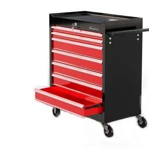 Dulap modular pe roti pentru scule, 7 sertare, blocabil, 2 chei, otel, negru/rosu, 33 x 61.5 x 77.5 cm
