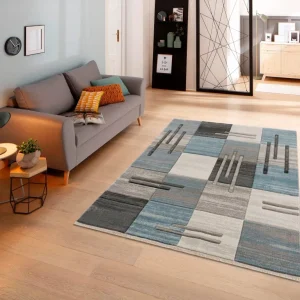 Covor Beliz cu model geometric 3D albastru modern 70x140 cm