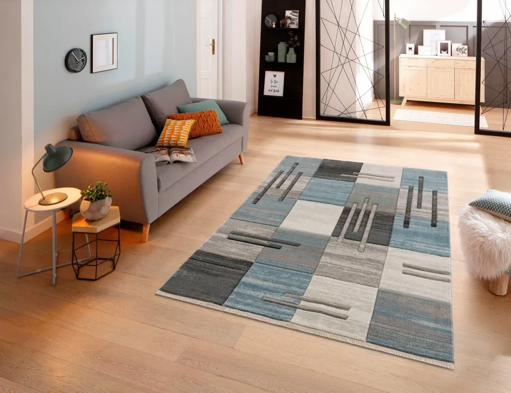 Covor Beliz cu model geometric 3D albastru modern 70x140 cm