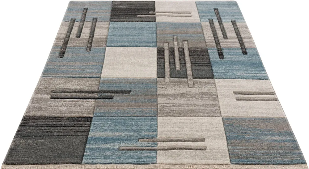 Covor Beliz cu model geometric 3D albastru modern 70x140 cm