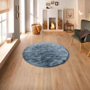 Covor de blană Valeria rotund foarte moale si pufos albastru 90 cm
