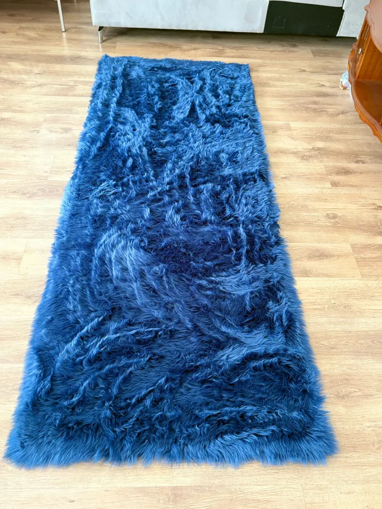 Covor de blana eco Valeria, foarte moale si pufos albastru 90x250 cm