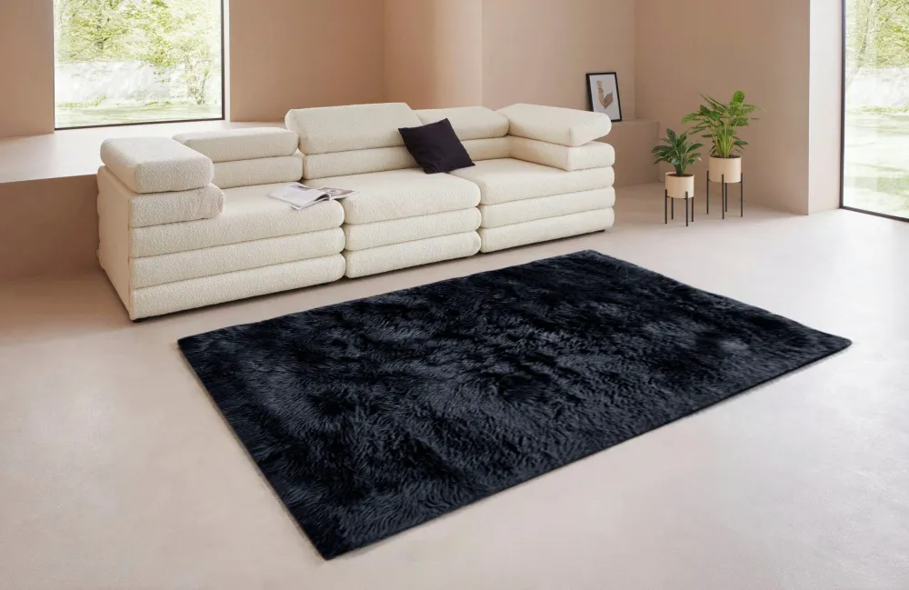 Covor din blana sintetica Lenja, foarte moale si pufos, negru 120x180 cm
