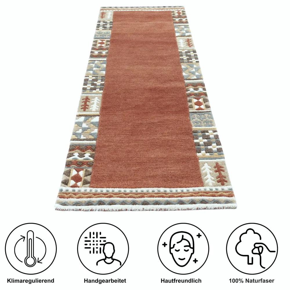 Covor din lână Nuno realizat manual culoare terra 70x240 cm
