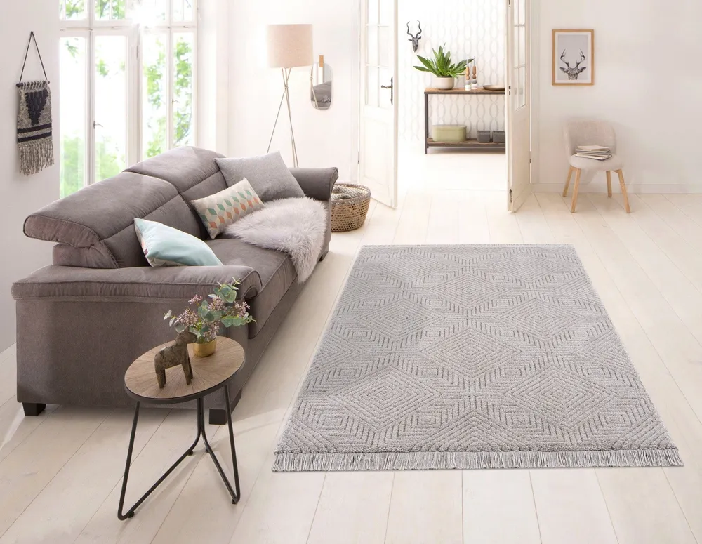 Covor »Duchesse« design grafic, boho cu franjuri gri 80x150 cm